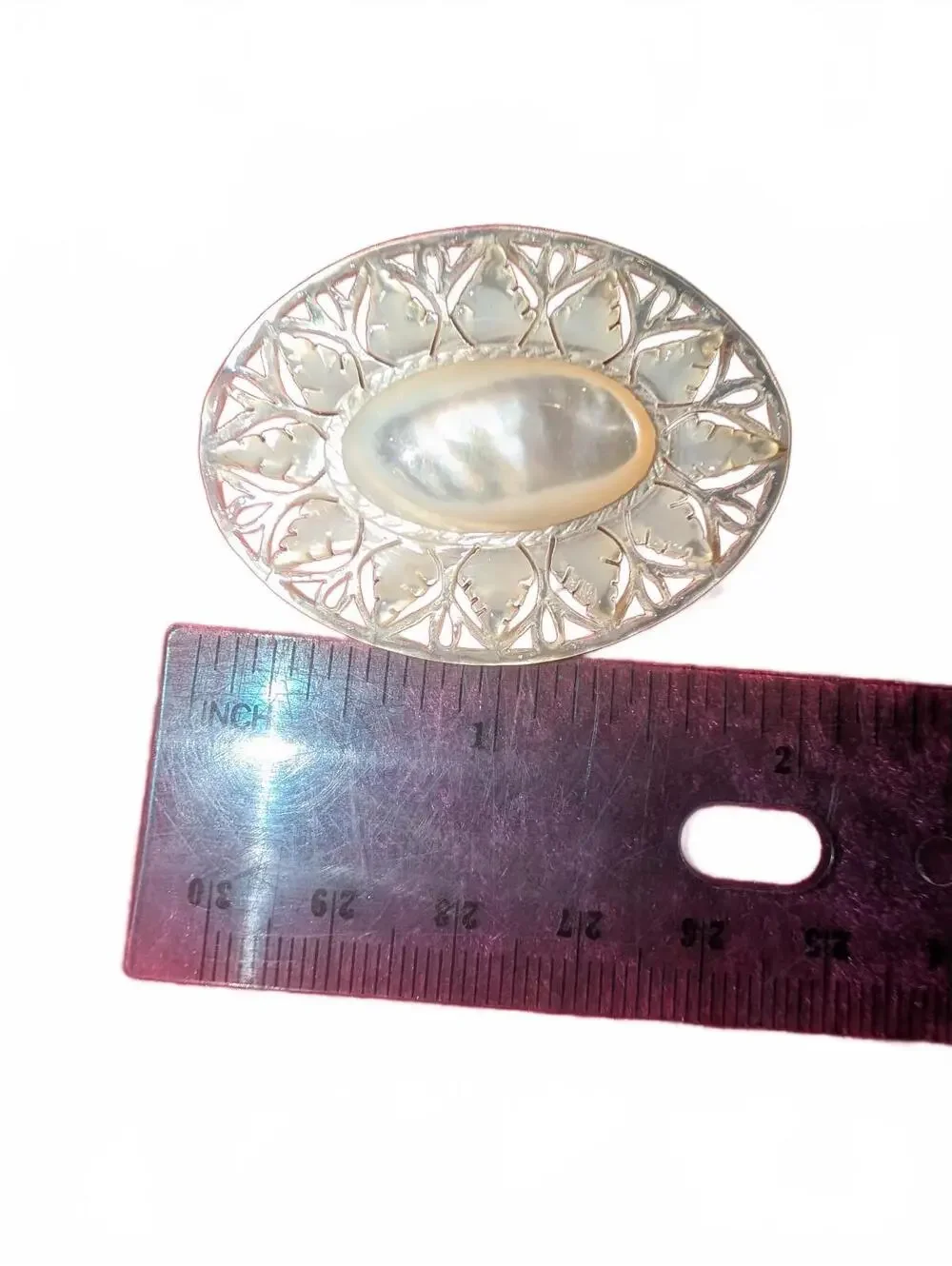 Vintage Silver Tone Oval Brooch with Mother of Pearl Inlay